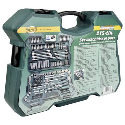 'Socket wrench set in green case, 215-piece, with various tools and details on usage and components on the reverse.'