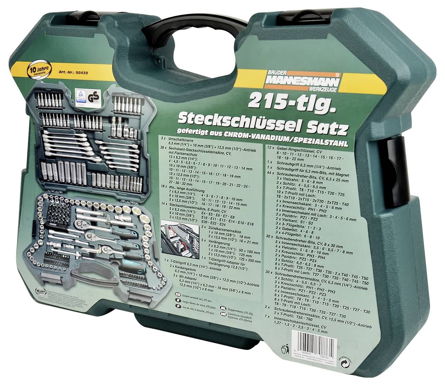 Green toolbox with '215-piece socket wrench set', divided into various, organised tools.