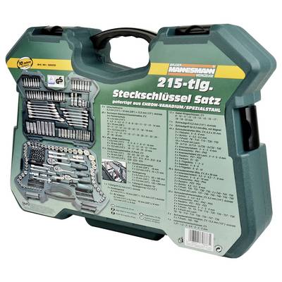 Green toolbox with '215-piece socket wrench set', divided into various, organised tools.