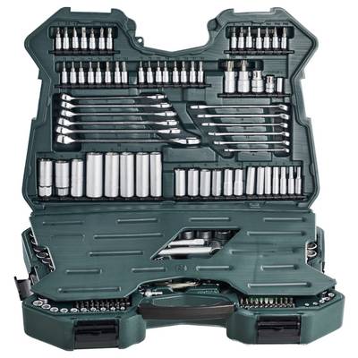 An open toolbox with various socket wrenches, Allen keys, and screwdrivers, organised in compartments.