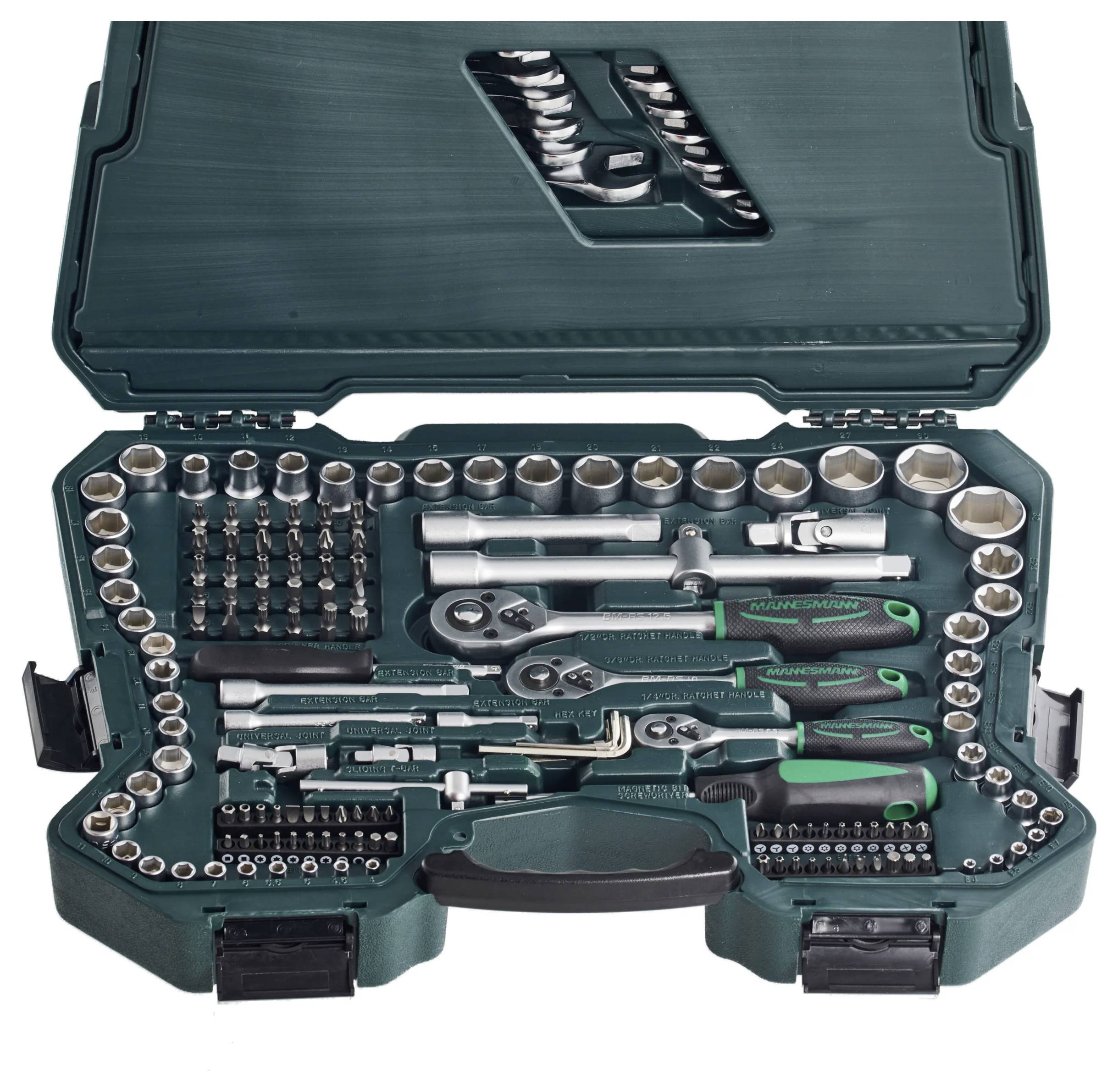 An open tool case with various socket wrenches, ratchets, and screwdrivers, neatly arranged.