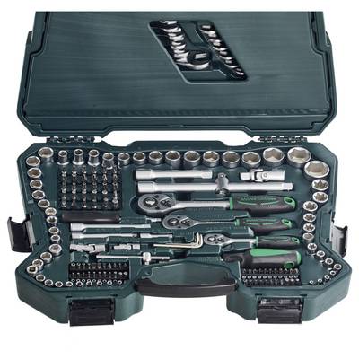 An open tool case with various socket wrenches, ratchets, and screwdrivers, neatly arranged.