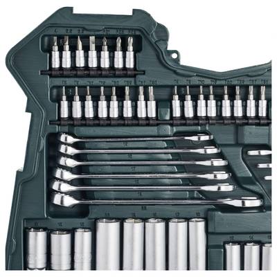 Tool case with various bits, spanners, and sockets arranged in an orderly manner. Ideal for repairs.