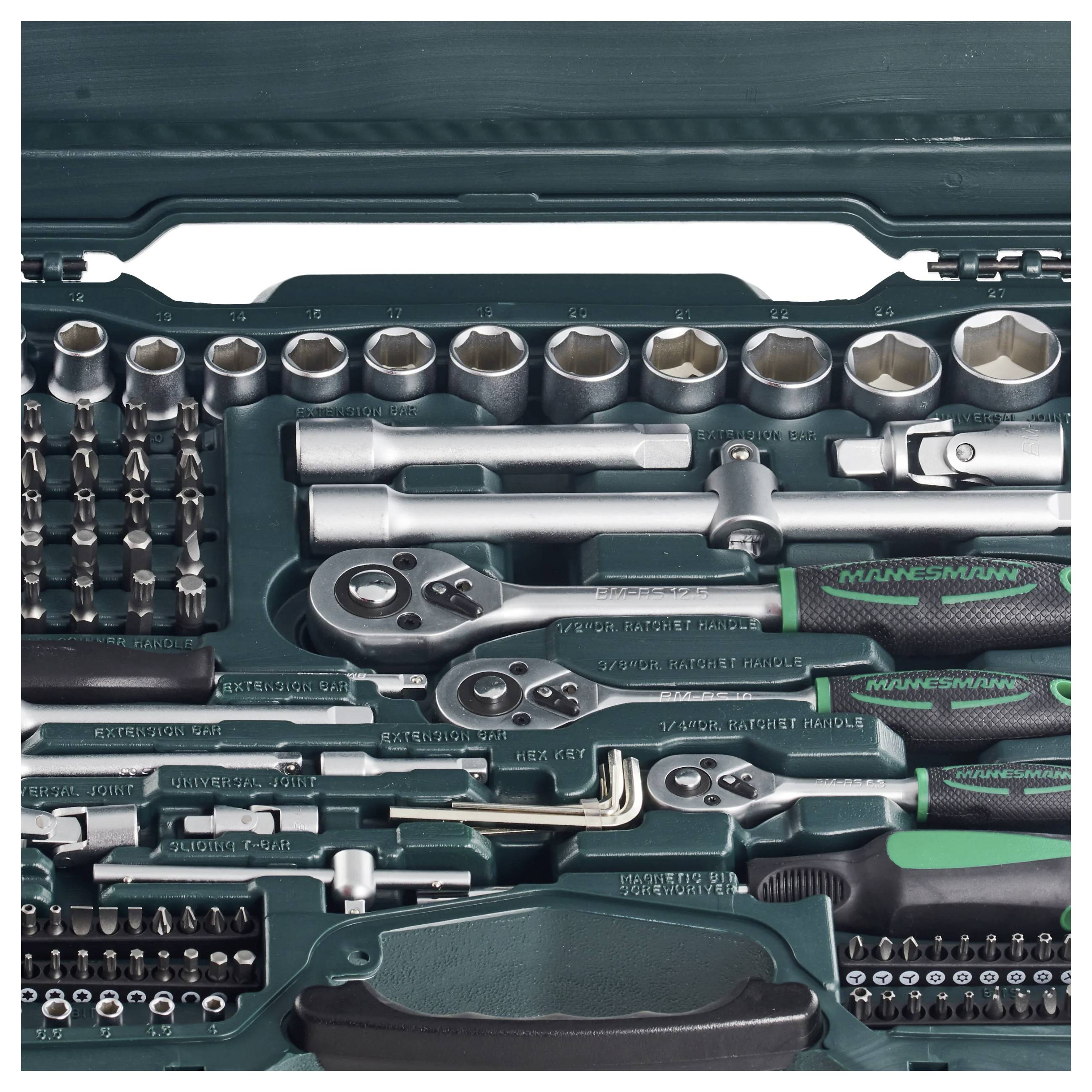 An open toolbox with various socket wrenches, ratchet spanners, and bits in organised compartments.