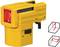A yellow laser tool with red light and a rotary knob is shown, alongside two diagrams illustrating line projections.