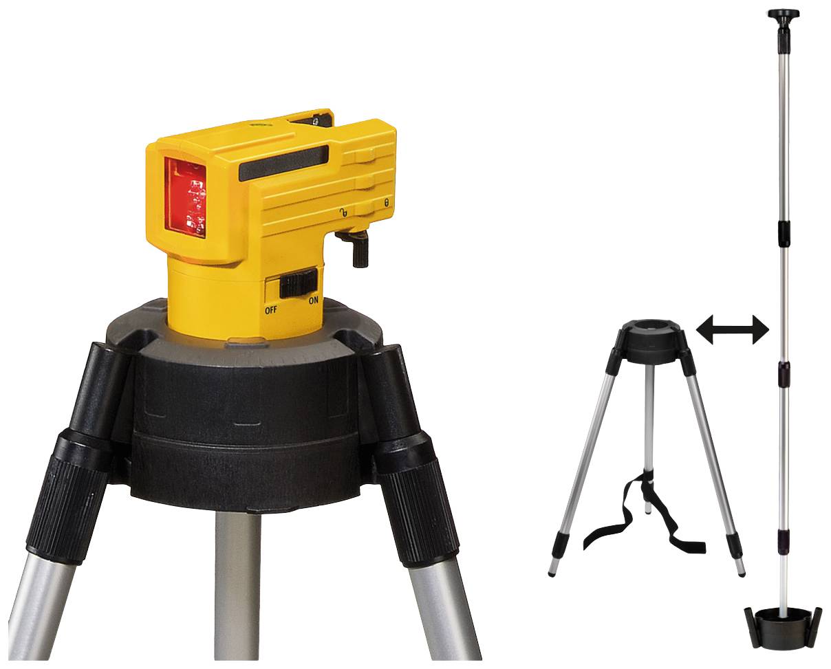 Rotary laser on a tripod next to a telescopic pole. The device has a yellow body and emits a red laser beam.