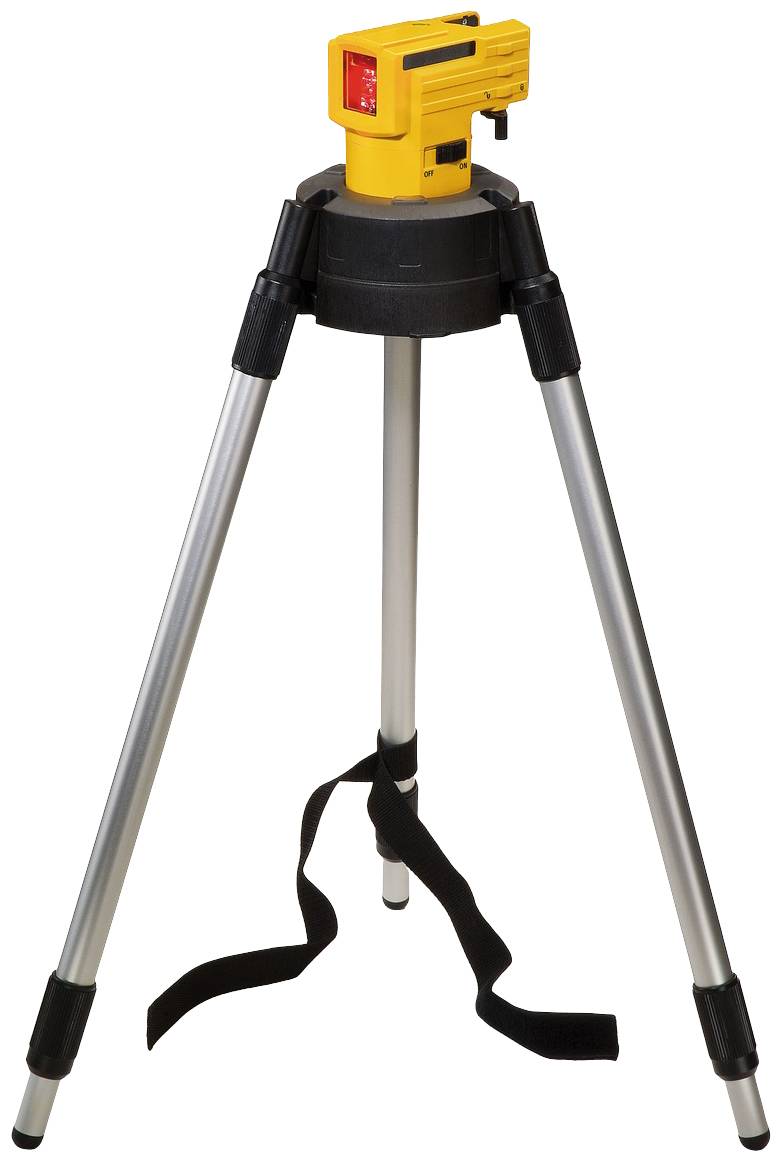 Yellow rotational laser on a tripod, used for precise measurements in construction surveying.