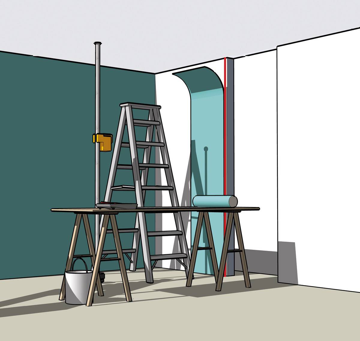 A ladder, a spirit level and a wallpaper roller are standing in a room with partially painted walls, which suggests renovation work is in progress.