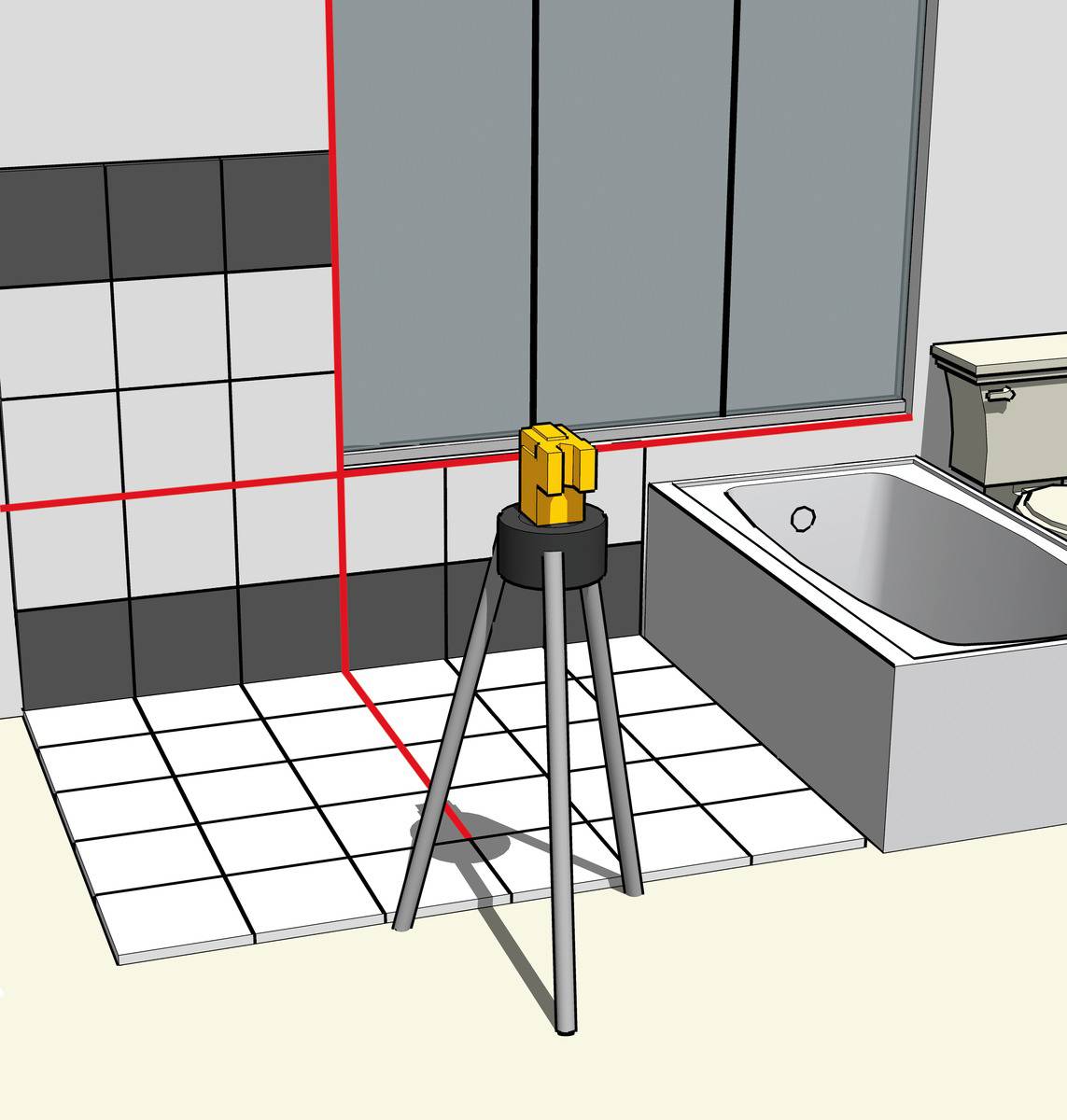 A laser spirit level mounted on a tripod projects red lines onto a bathroom wall and floor to facilitate tiling.