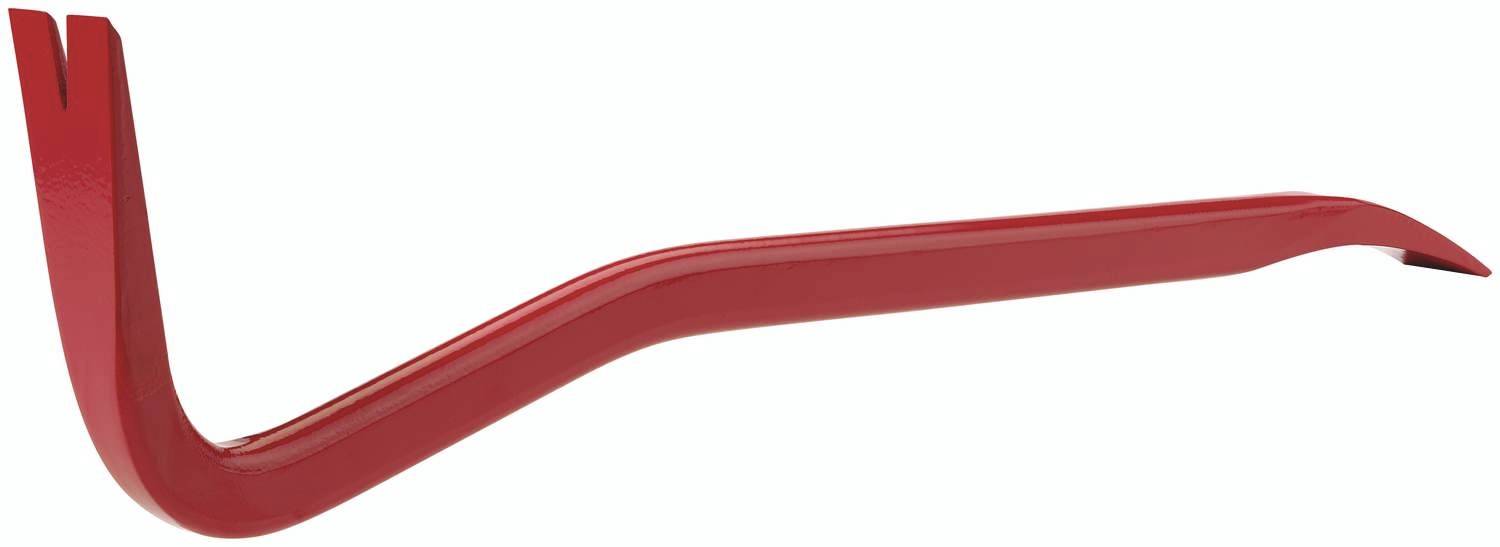 A red crowbar with two curved ends; the left end is split, the right end is pointed.
