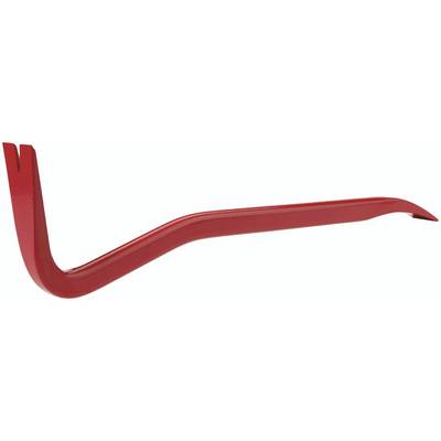 A red crowbar, a tool with a split end for levering and a curved end for pulling out nails.