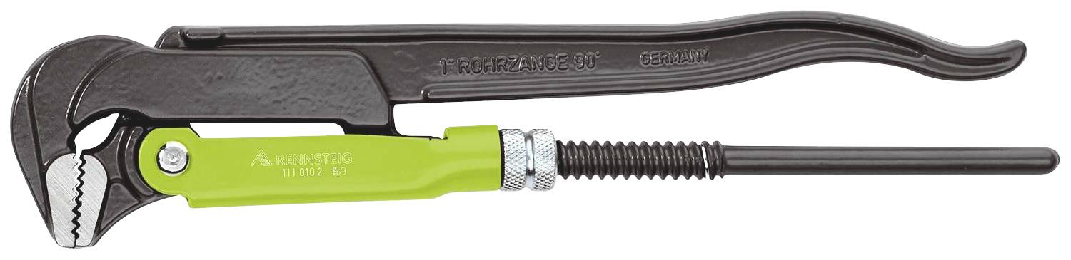 Green adjustable pipe wrench with brown handle, adjustable via screw mechanism. Suitable for gripping and turning round objects.