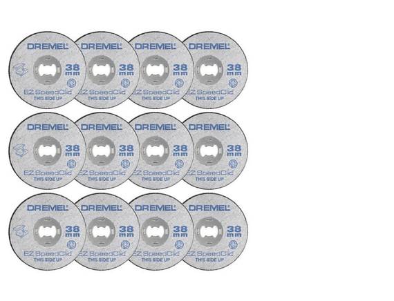 Twelve Dremel cutting discs, 38 mm, EZ SpeedClic system, for precise cutting.
