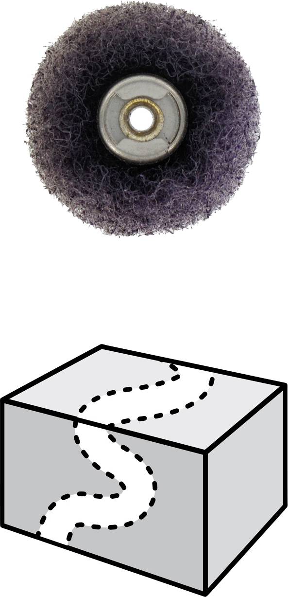 'Image of a round, bristly cleaning brush. Underneath, a stylised diagram of a device drawing a line on a surface.'