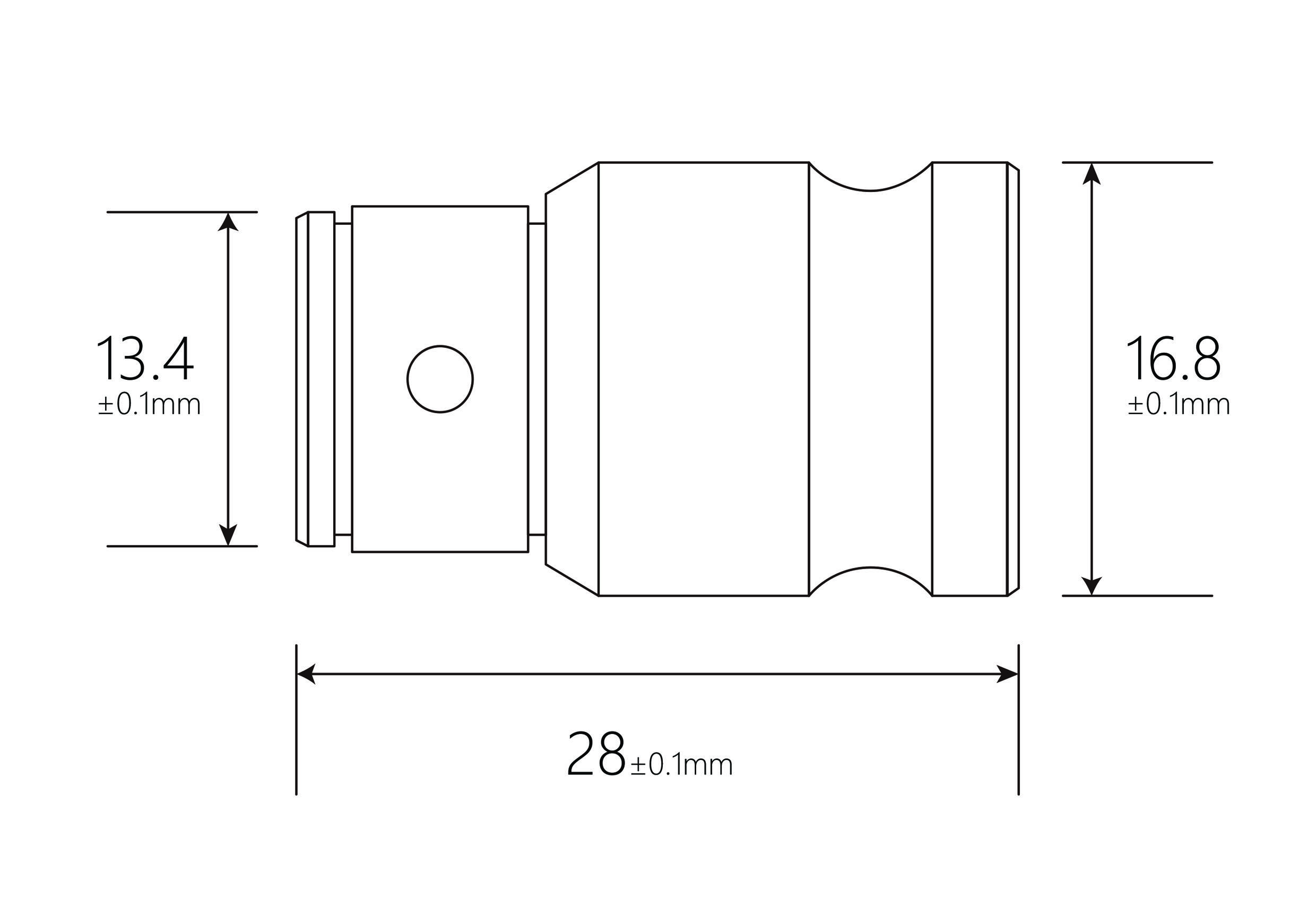 Technical drawing of a cylindrical component with dimensions 13.4 mm, 16.8 mm and length 28 mm, tolerances ±0.1 mm.