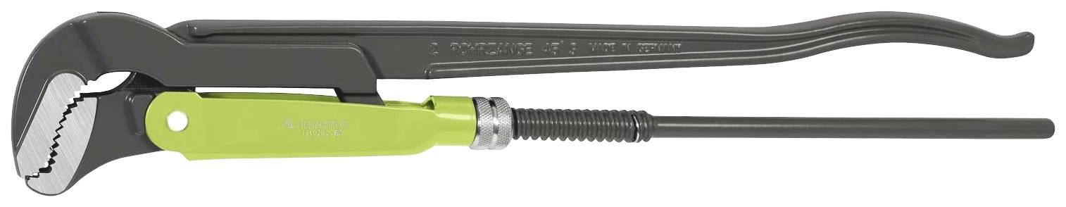 Pipe wrench with green handle and adjustable jaw mechanism, suitable for work on pipes and plumbing installations.