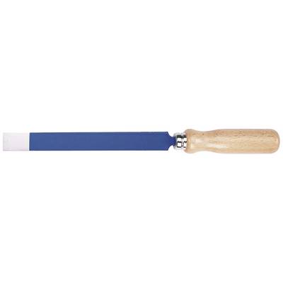 A chisel with a blue metal blade and a wooden handle. An essential tool for wood or stone sculpting work.