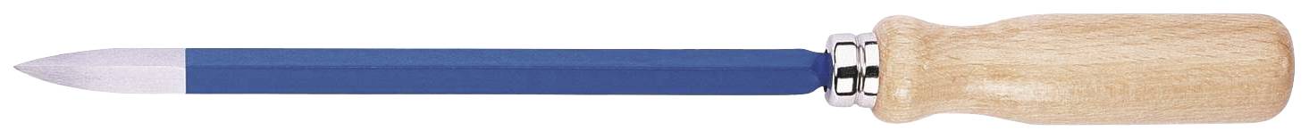 Woodcarving tool with a blue handle and silver tip, lying horizontally.