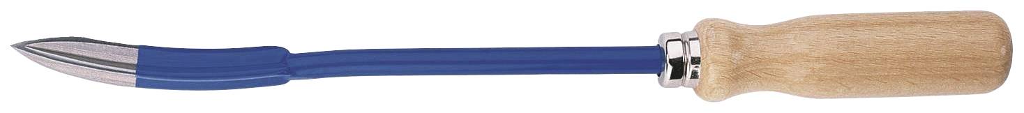 A fruit corer with a blue, curved metal head and wooden handle, used for removing cores from fruits.
