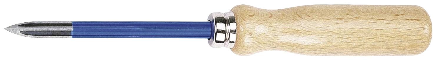 Small, blue meat fork with a wooden handle, placed against a white background. Primarily used for turning meat or tofu while cooking.