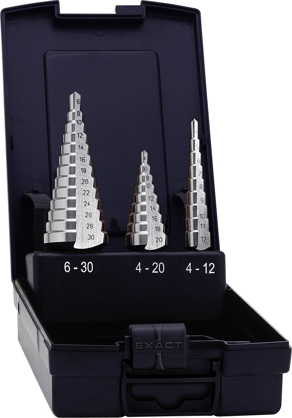 Three silver stepped drill bits, each with numbered steps, are lying in an open black plastic case.