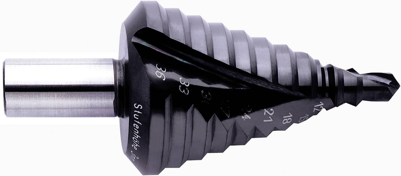 The image depicts a silver stepped drill with multiple graduated cutting edges, used for creating holes of various diameters.