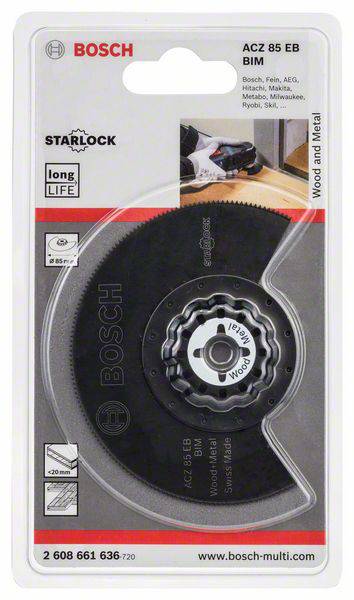 'Saw Blade Bosch ACZ 85 EB BIM Starlock for Wood and Metal. Packaged, with logos for Bosch, Starlock, long service life.'