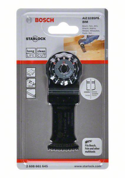 Bosch Saw Blade Packaging: Starlock attachment for multi-tools, suitable for wood, metal and plastic, with an application illustration.