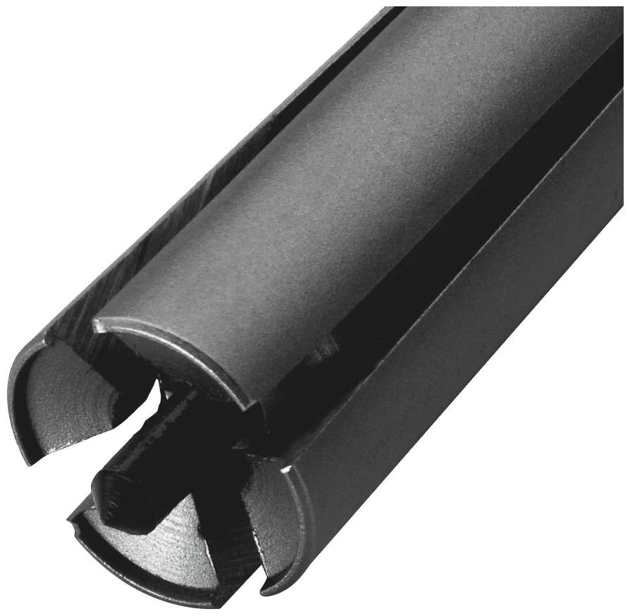 Close-up of a mechanical component, cylindrical and black in shape. It has an opening at one end revealing a metal rod.