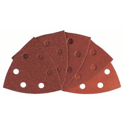 Several triangular sanding sheets with red grains and round holes, arranged fan-like in the image.