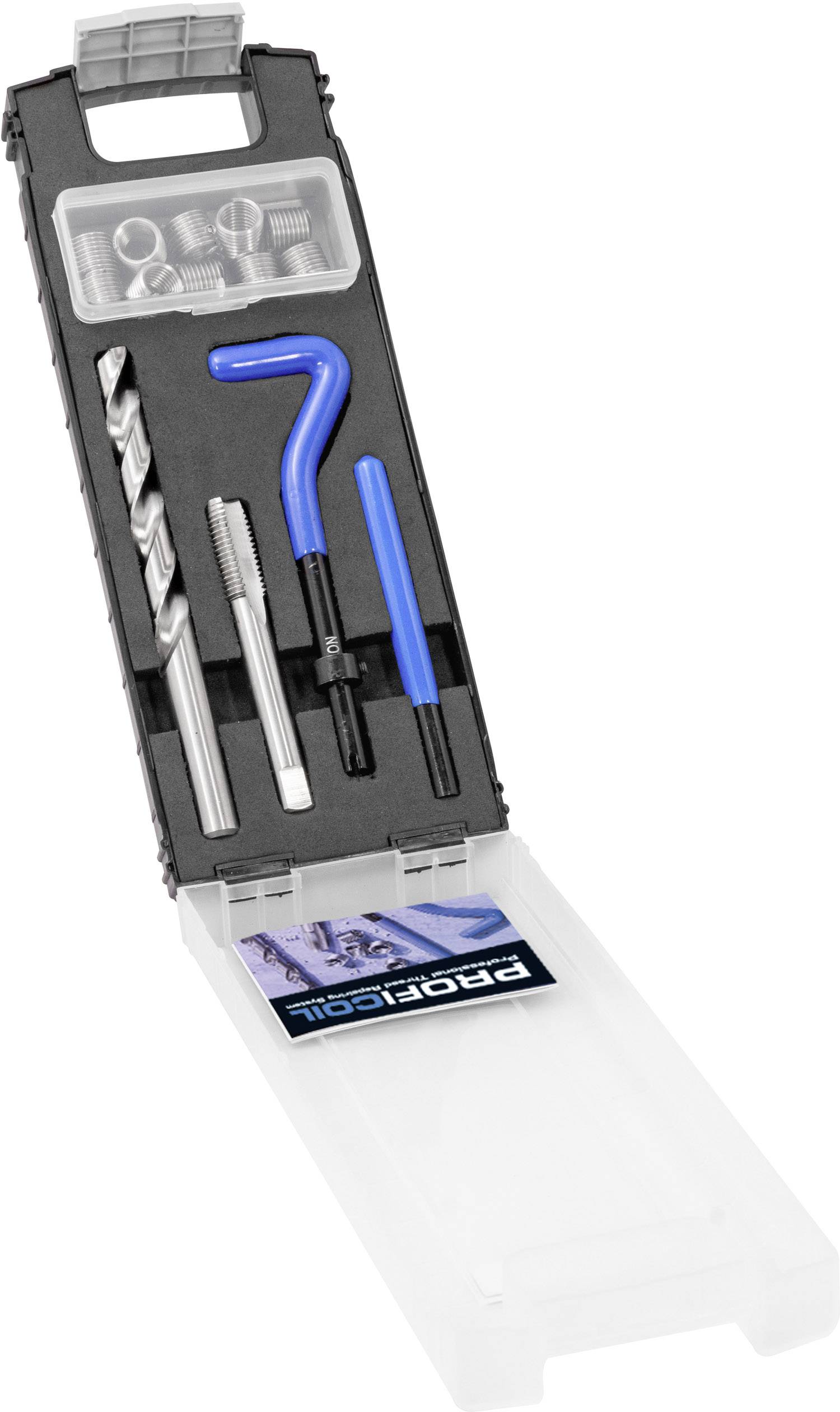 Opened black Presto toolbox with drill, tap and two blue handles.