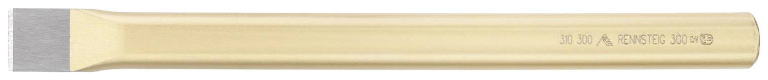 Chisel with a golden handle and silver cutting edge, lying on its side, with engraving '16 MM A CRV06190-B' visible.