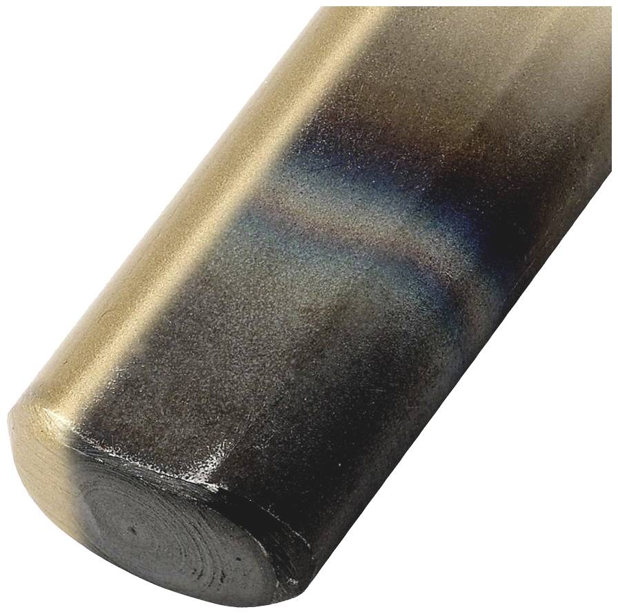 A metallic rod with a gleaming, polished surface displays rainbow effects through the incidence of light.