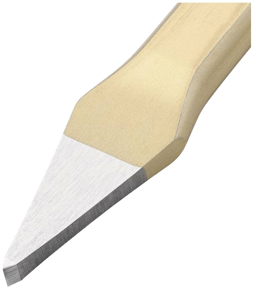 A wooden-handled chisel with a sharp, bevelled blade.
