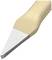 Close-up of a flat chisel with a wooden handle. The metal end is sharp and tapers to a point, ideal for carving wood.