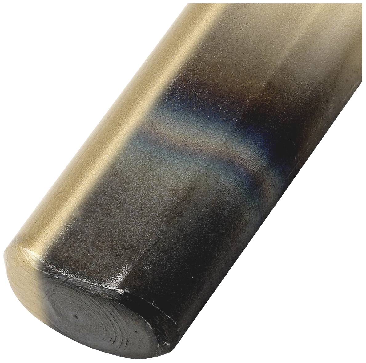 Metal rod with iridescent temper colours indicating heat exposure. Primary colours are gold, blue and brown.