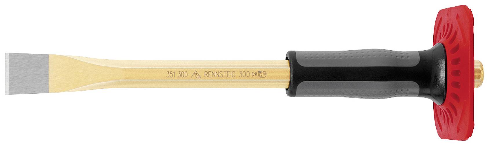 Image of a wood chisel with a red hand guard and black handle. Suitable for woodworking and precise carving.