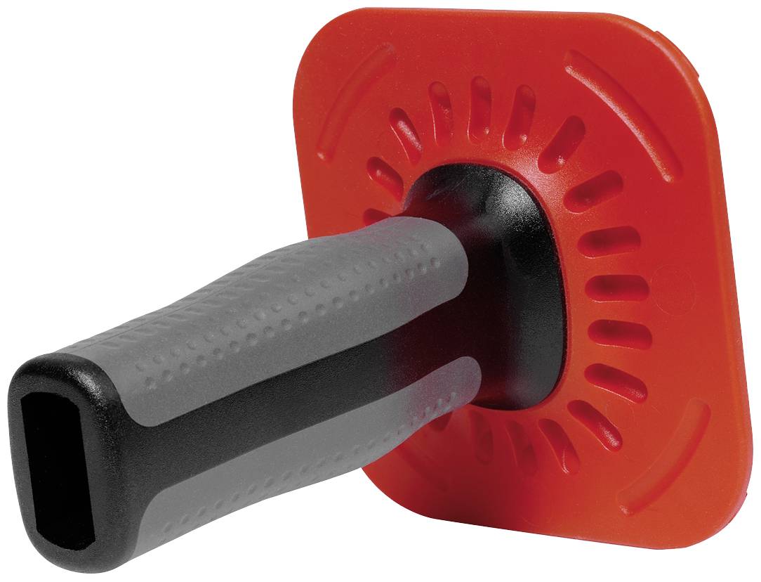 Sturdy, compact brick trowel with a red plastic handle and rectangular red protective plate, suitable for construction and renovation work.