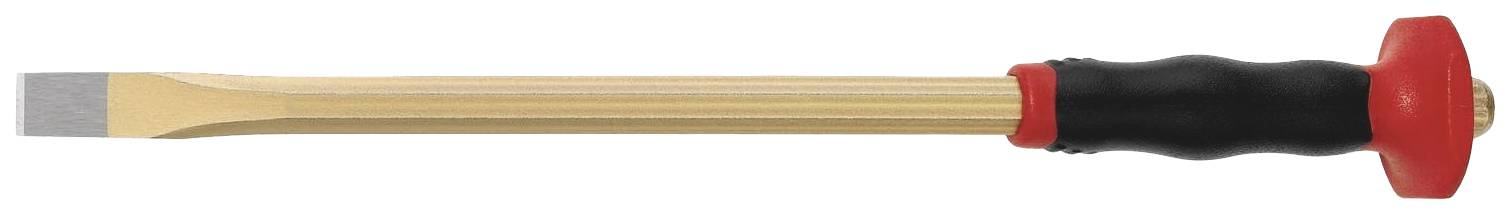A chisel with a yellow metal blade and a black, non-slip handle, lying on a white background surface.