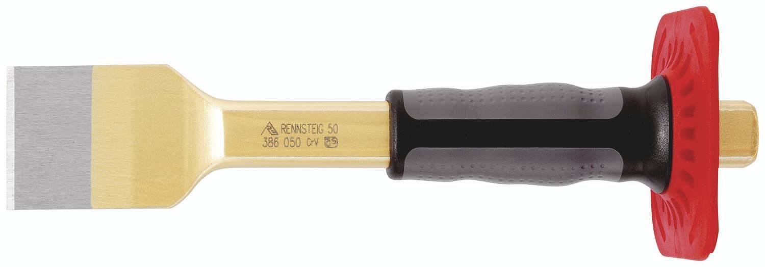 Chisel with black handle and red hand guard, suitable for construction or craft work.