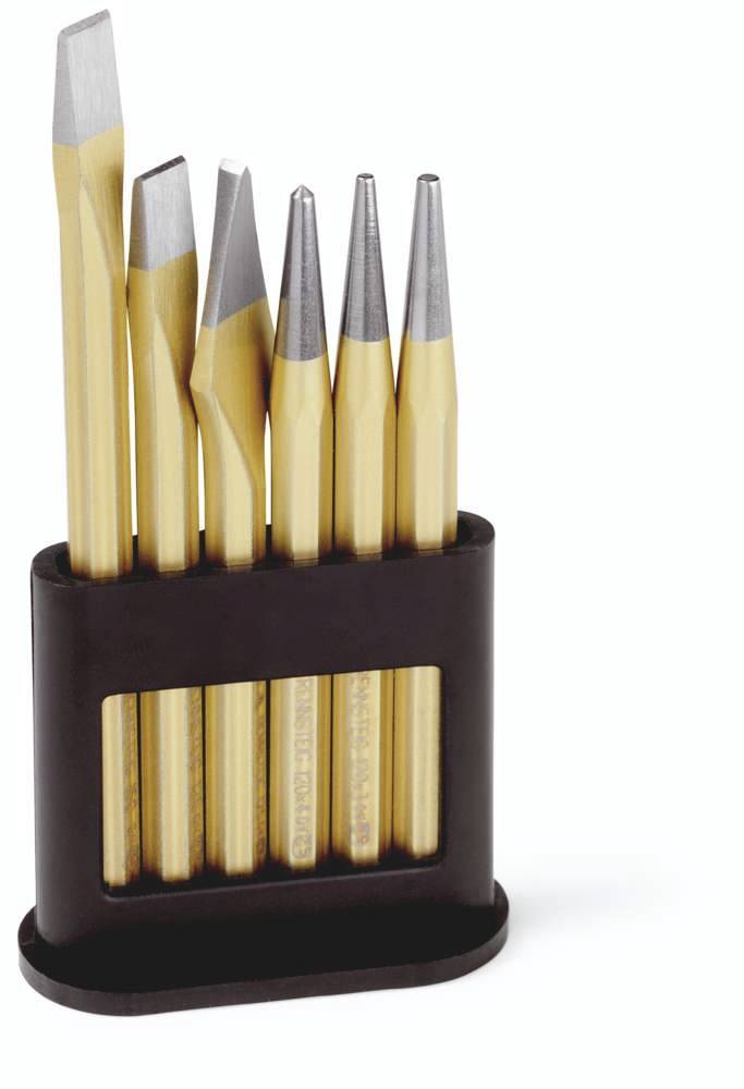 A set of six golden pens in a black pen holder, with various nib types for embossing or lettering.