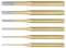 'Set of six Rennsteig pin punches, varying in length, from 150x10 to 150x2 millimeters, gold color, showing product details.'