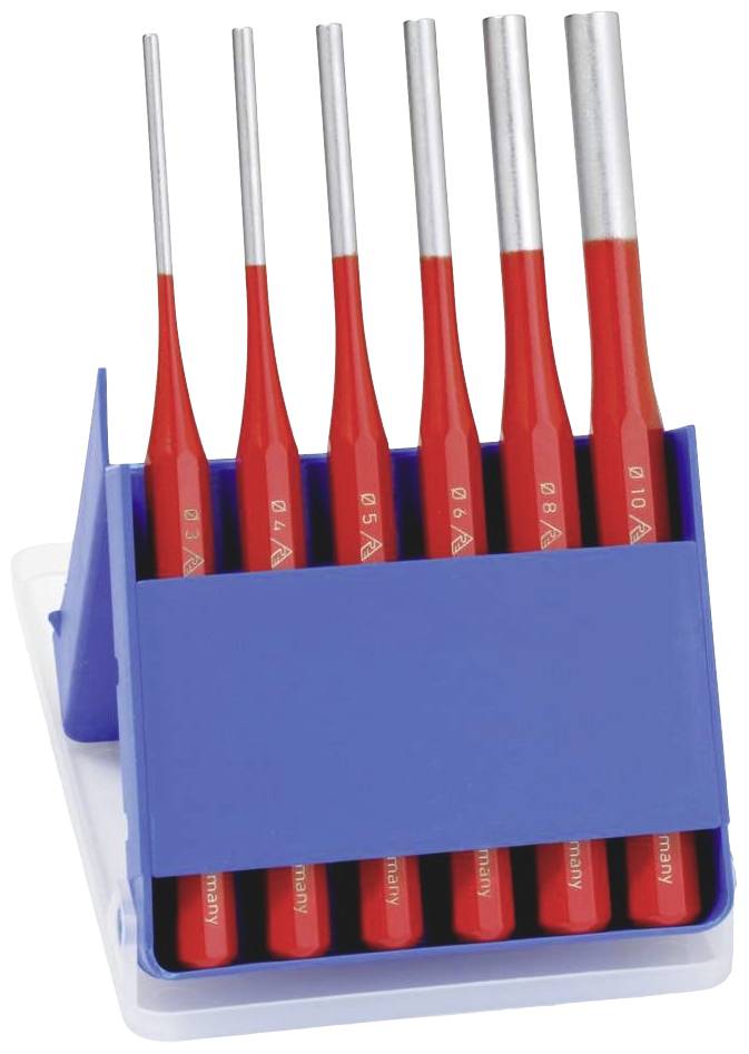 Set of seven red precision tools in a blue holder, numbered from 0.5 to 10.0.