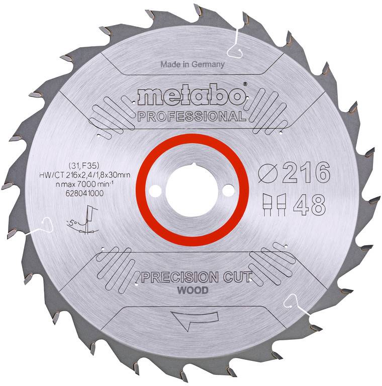 A Metabo Professional precision cut wood circular saw blade labeled 216 mm and 48 teeth, shown front-on.<br>