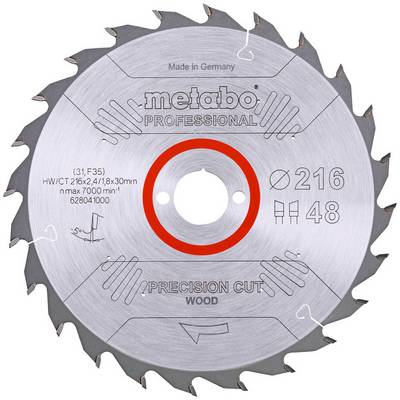 A Metabo Professional precision cut wood circular saw blade labeled 216 mm and 48 teeth, shown front-on.<br>