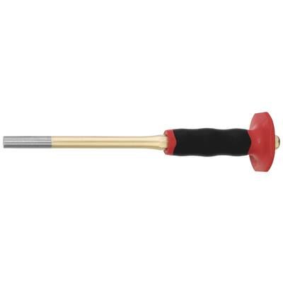 Steel round file with an ergonomic black handle and red protective shield, ideal for sharpening and shaping metal workpieces.