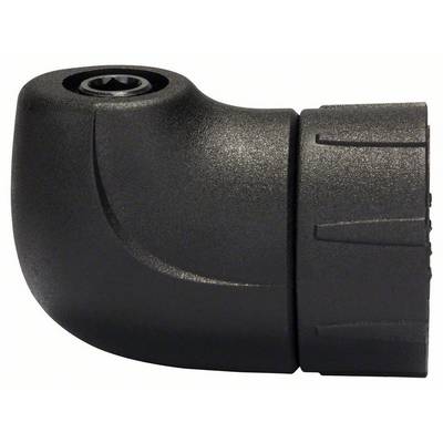 Black, angled adapter or connecting part with knurled ring and screw connection. Plastic material.