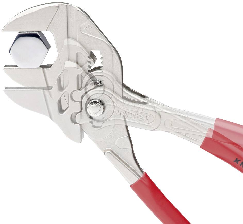 A pair of pliers with a red handle grips a hexagonal nut.