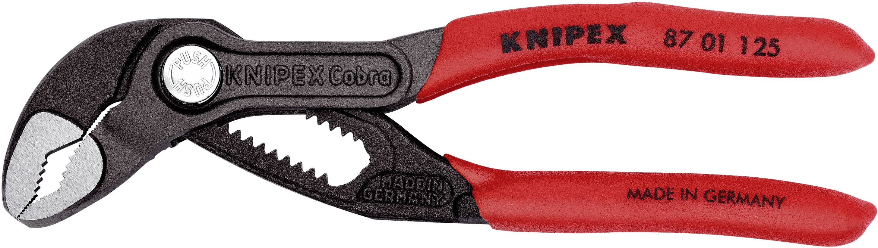 Red KNIPEX water pump pliers with adjustable jaw and ergonomic handles, inscribed 'KNIPEX Cobra', from Germany.