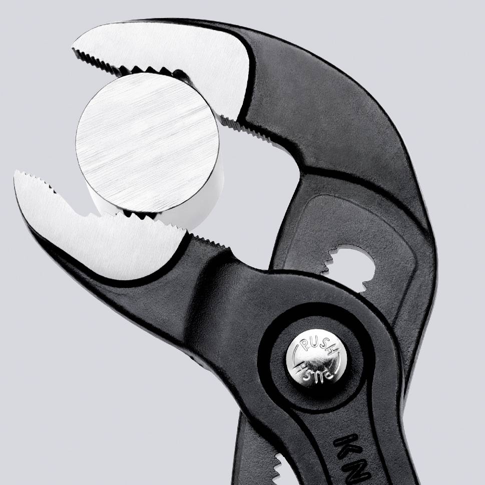A pair of pliers grips a round metal screw. The pliers are open and securely clasping the screw.